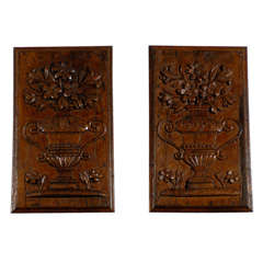 Pair of French Louis XVI Period Wooden Panels Carved in Low-Relief with Bouquets