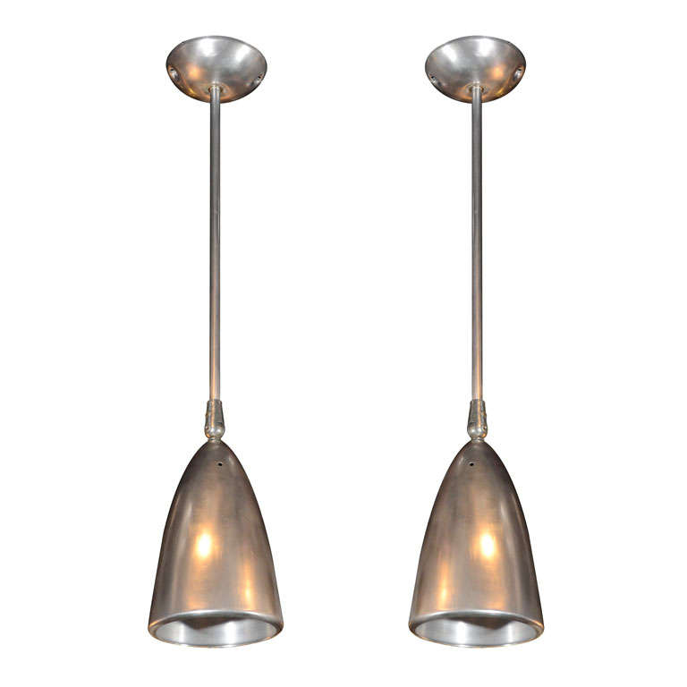 Pair of Mid-Century Bullet-shaped Stainless Steel Pendants For Sale