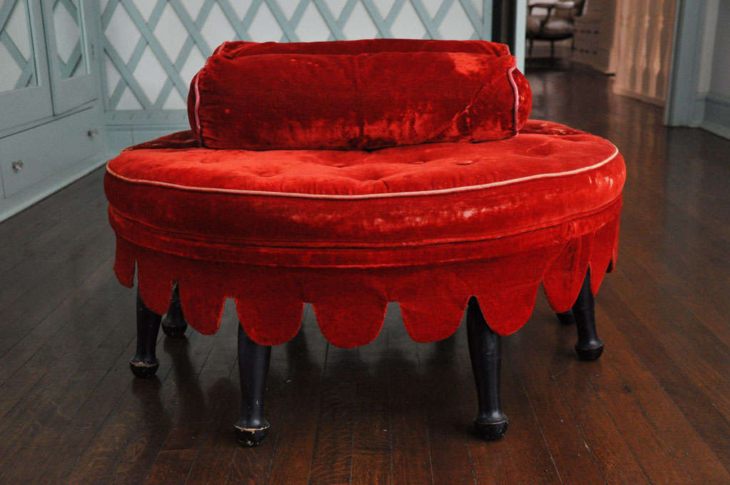 WONDERFUL ANTIQUE RED VELVET FABRIC UPHOLSTERED ON A TWO PIECE STOOL.  CHARMING SCALLOPED BORDER AND BUTTON DETAIL.  CIRCA 1900 FROM NEW ORLEANS