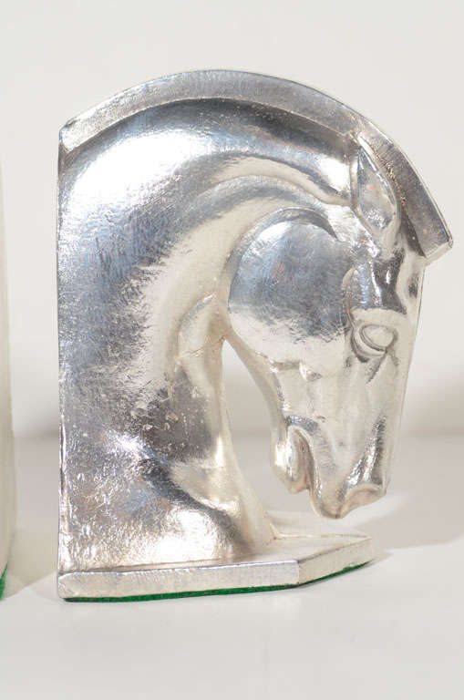 American Pair of Art Deco Stylized Horse Head Bookends in Silverplate