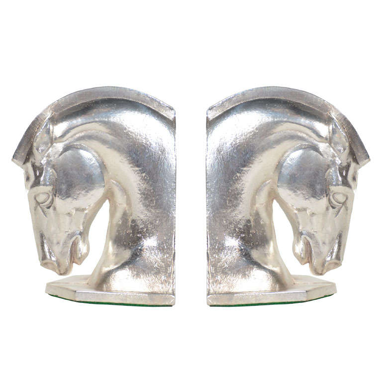 Pair of Art Deco Stylized Horse Head Bookends in Silverplate