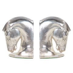 Vintage Pair of Art Deco Stylized Horse Head Bookends in Silverplate