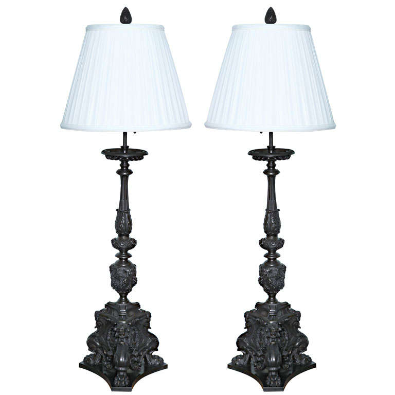 Elegant and Massive Pair of Dark Patinated Lamps by Caldwell For Sale