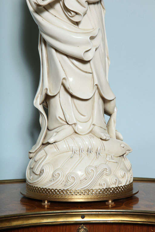 Large Pair of Blanc de Chine Kwan Yin Lamps For Sale 1