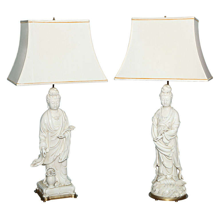 Large Pair of Blanc de Chine Kwan Yin Lamps For Sale