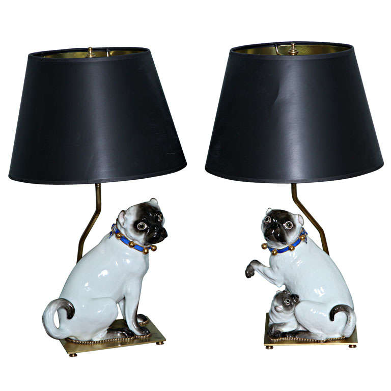 A magnificent pair of Meissen porcelain pug dog lamps at 1stdibs
