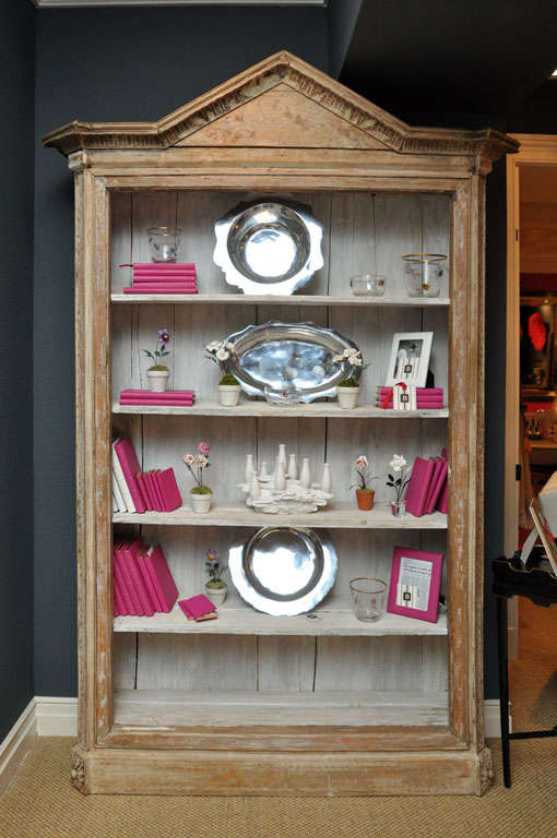 An Assembled Grey-Painted Pine Architectural Pediment Bookcase with White Painted Interior