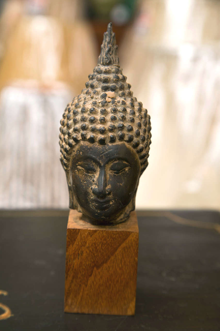 Group of 3 Mounted Bronze Thai Buddha Heads 5