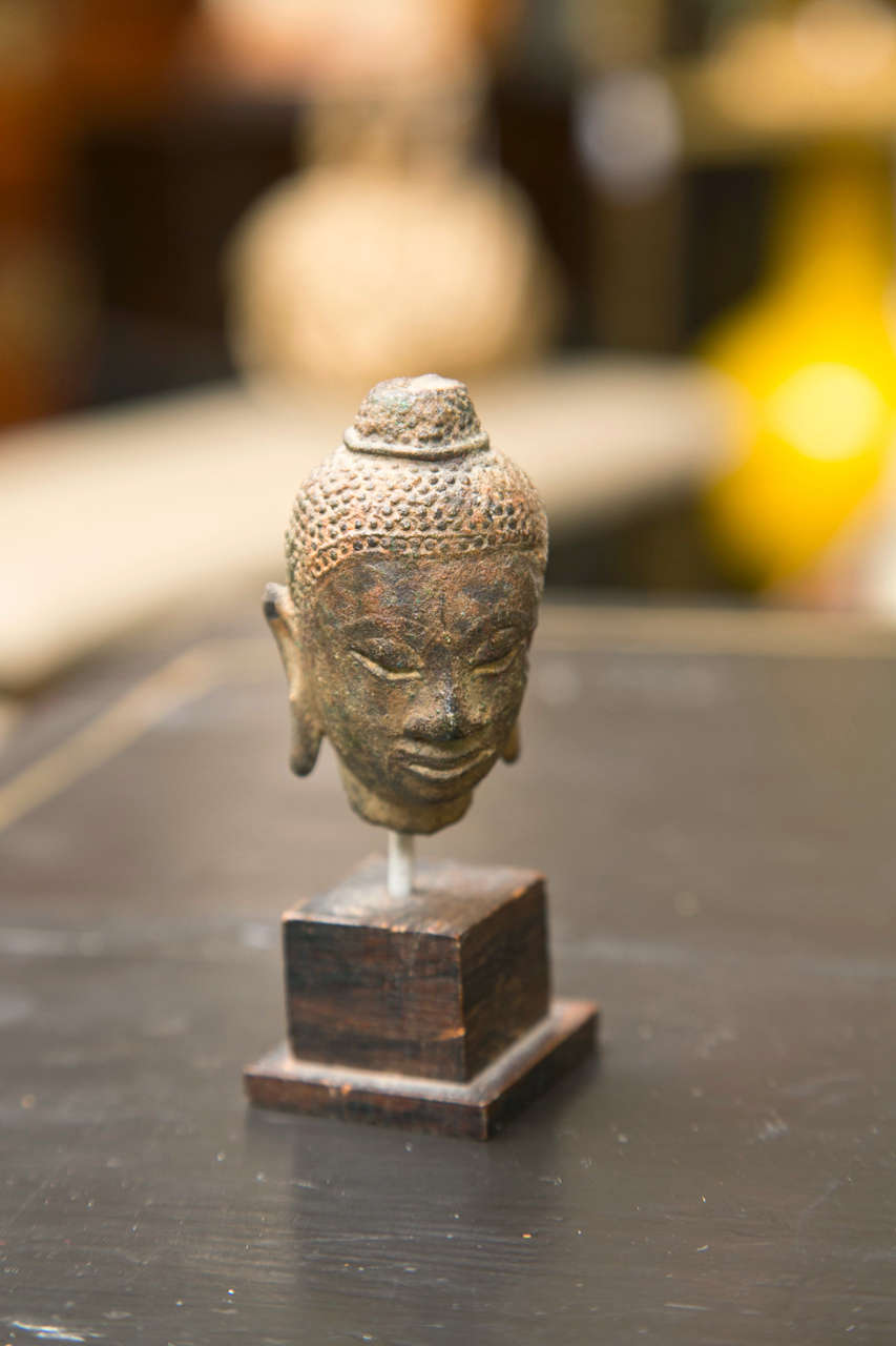 Late 20th Century Group of 3 Mounted Bronze Thai Buddha Heads
