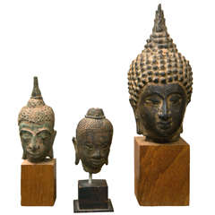 Group of 3 Mounted Bronze Thai Buddha Heads