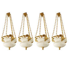 Set Of 4 Chandeliers In Gilded Bronze And Alabaster