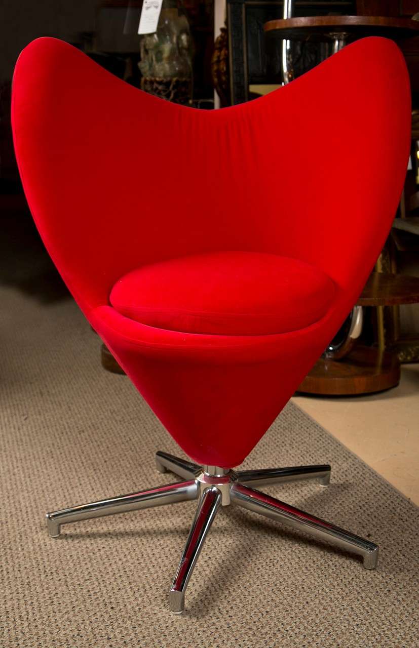 Unique chair designed by Alberto Federini and made in Italy.Cone shaped with lip top. Red textured fabric. Pillow seat.