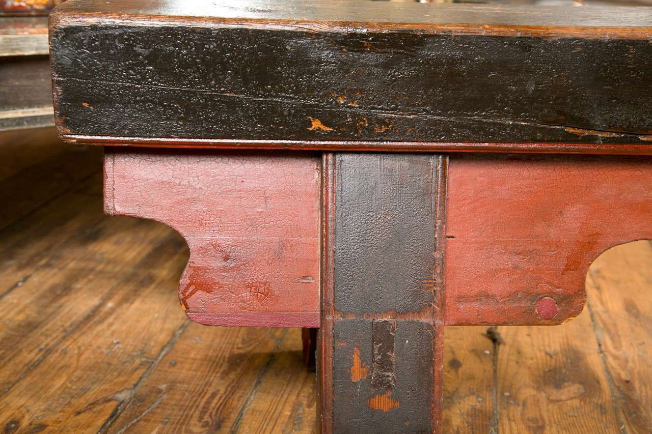 Chinese Painted Antique Elmwood Prayer Bench In Distressed Condition For Sale In Bedford, NY