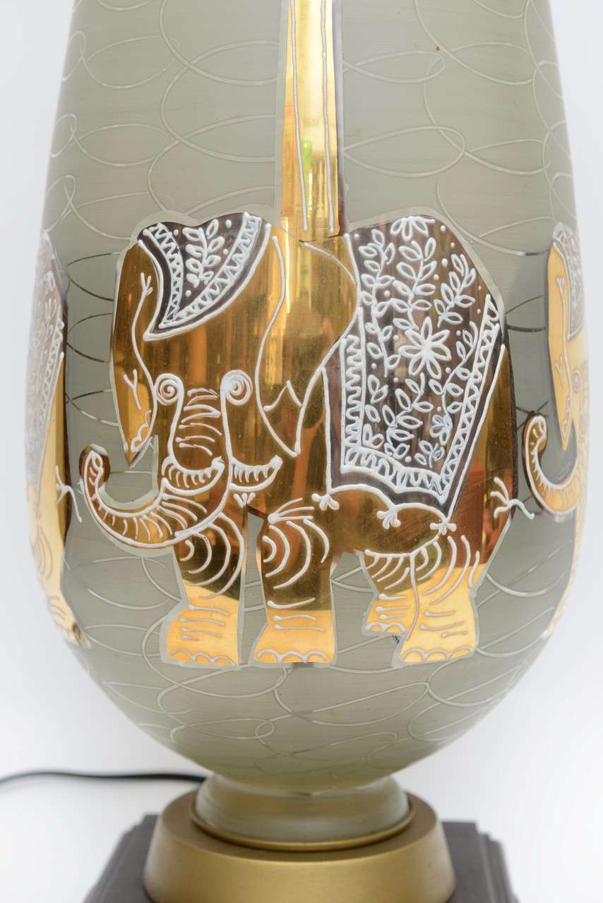 Mid-20th Century Fun Waylande Gregory Style Gilt Elephants Glass Table Lamp
