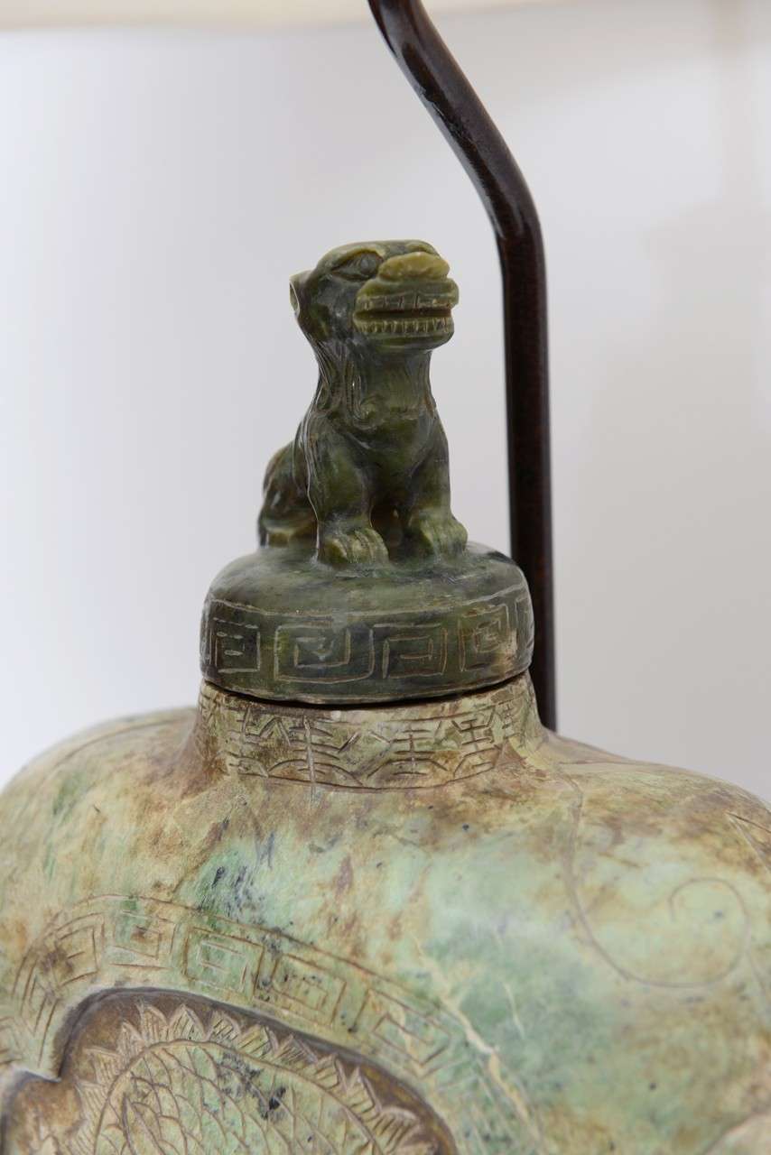 Extraordinary Antique Asian Carved Soapstone Table Lamp In Good Condition In Miami, FL