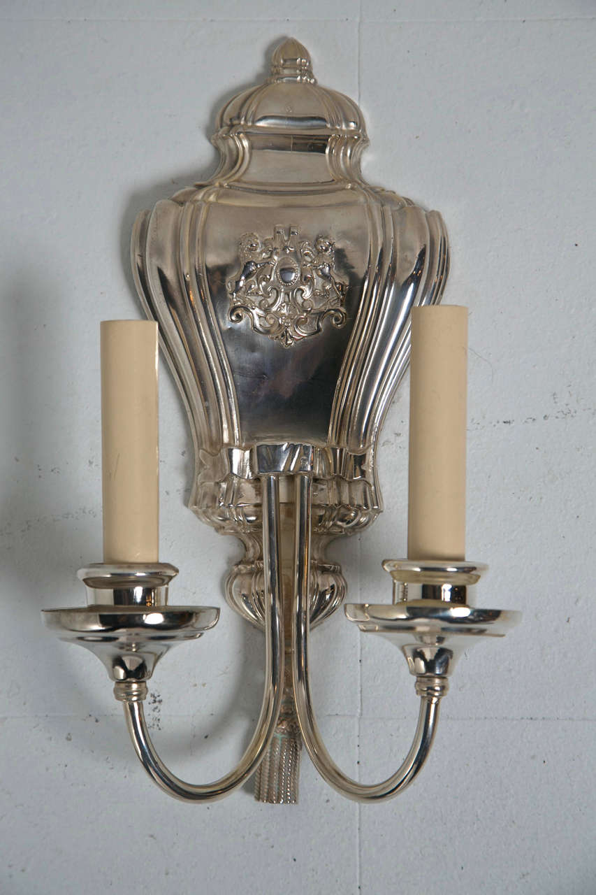 C.1910 silverplated Caldwell sconces with lions shield backplate.
5 sets available please inquire.
