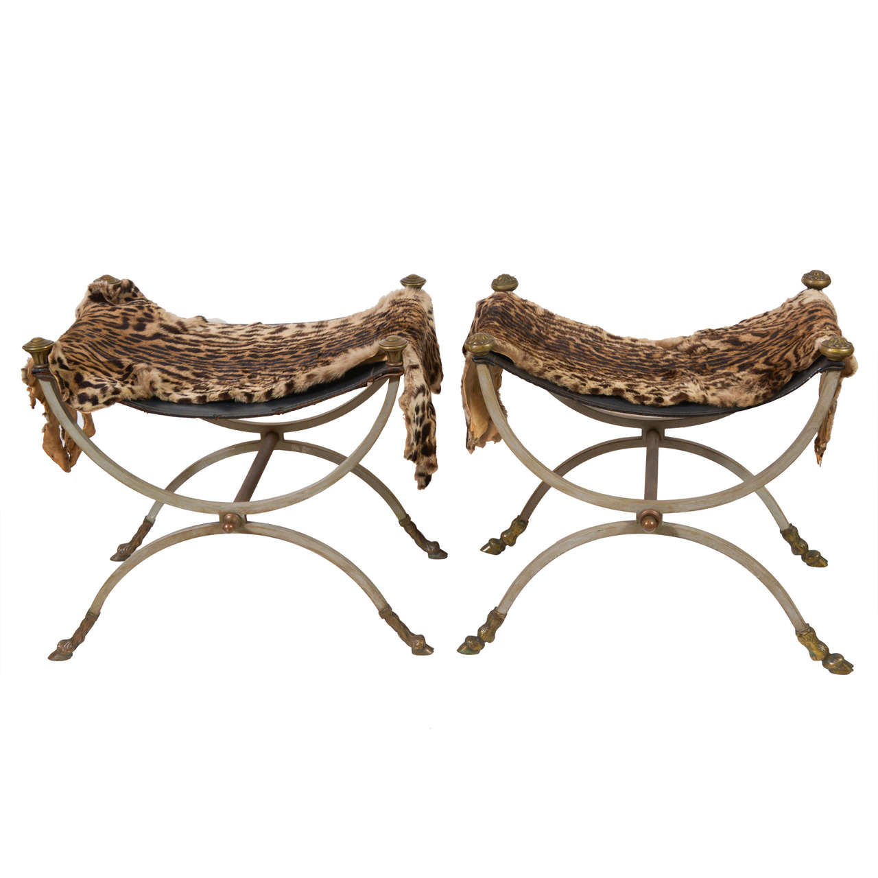 Pair of Neoclassical Wrought Iron Curule Stools