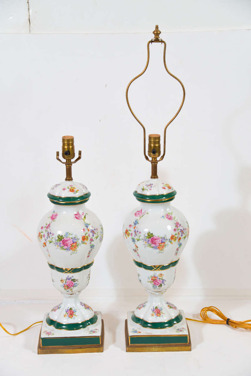 Pair of Hand-Painted porcelain lamps mounted on metal bases.  Floral design.  

One has been damaged and repaired.  Small chip in repair.

22.75