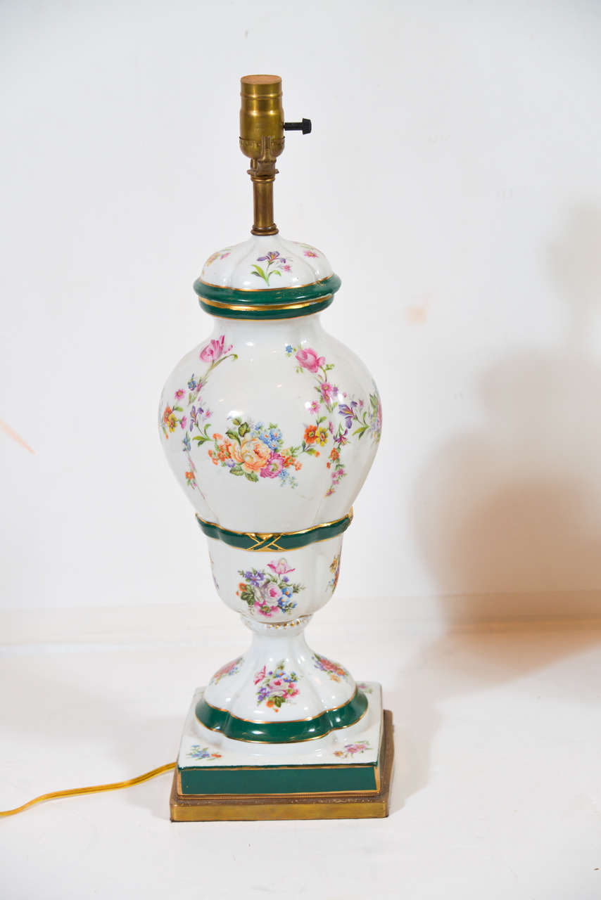 19th Century Pair of Hand-Painted porcelain lamps mounted on metal bases