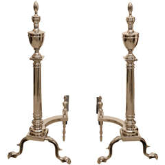 Pair of Neoclassical  Style Column & Double Urn Finial  Andirons