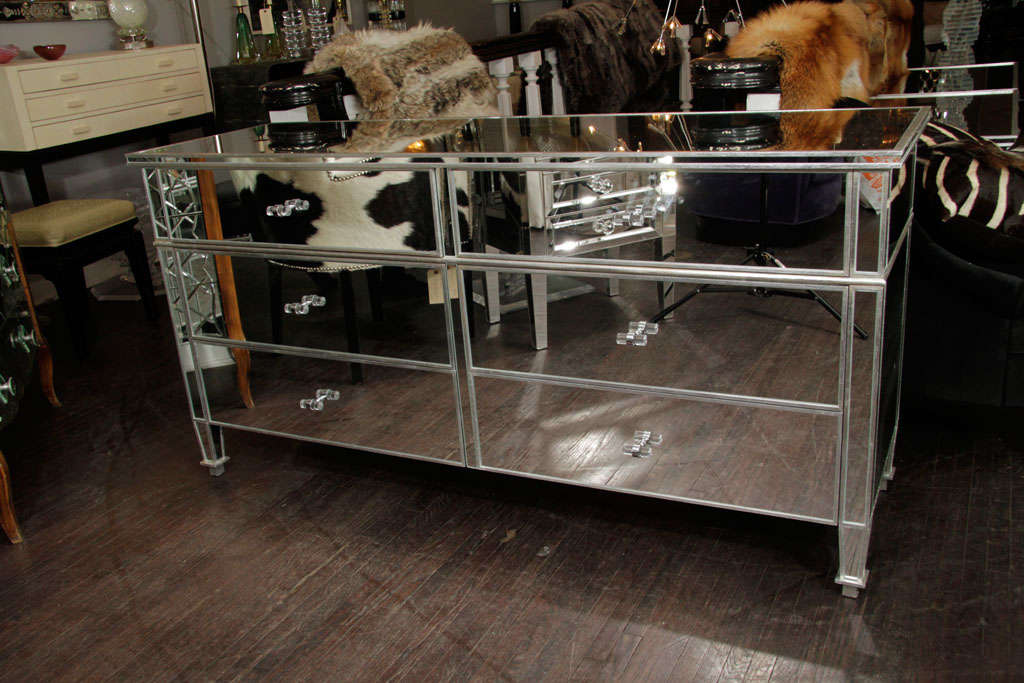 Custom 6-drawer silver trim mirrored dresser with Lucite knobs. Customization is available in different sizes, finishes, and hardware.