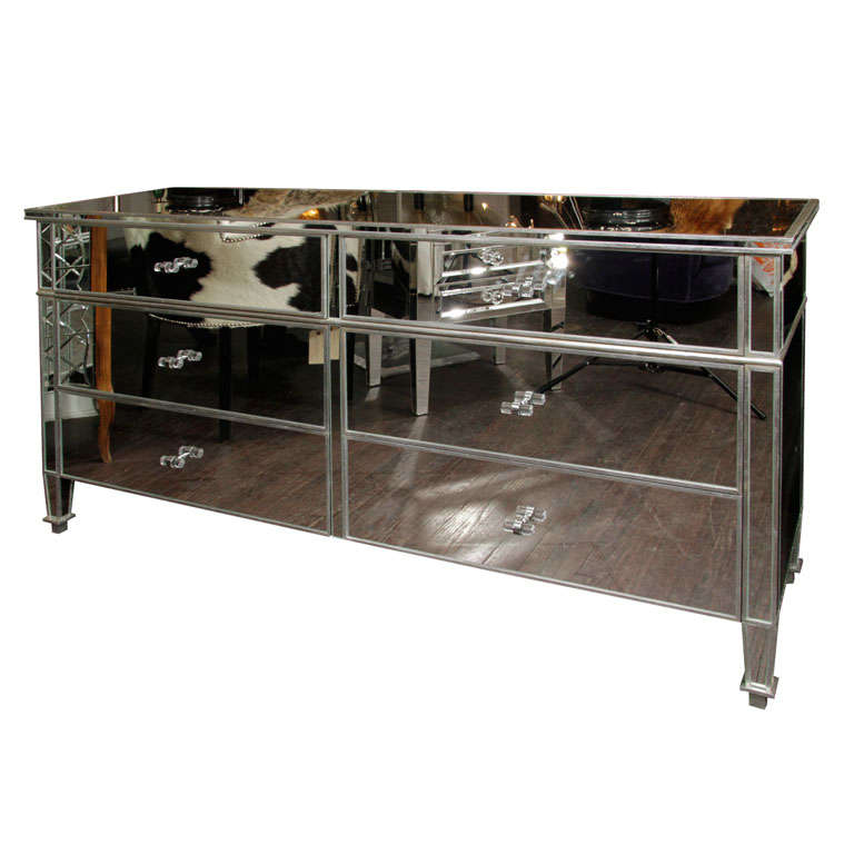 6 Drawer Silver Trim Mirrored Dresser, Metallic Silver Dresser With Mirror