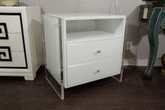 Custom Pair of White Reverse Painted Glass & Lucite Nightstands