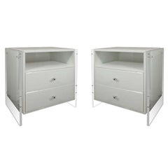 Pair of Custom White Reverse Painted Glass Nightstands with Lucite Side Panels
