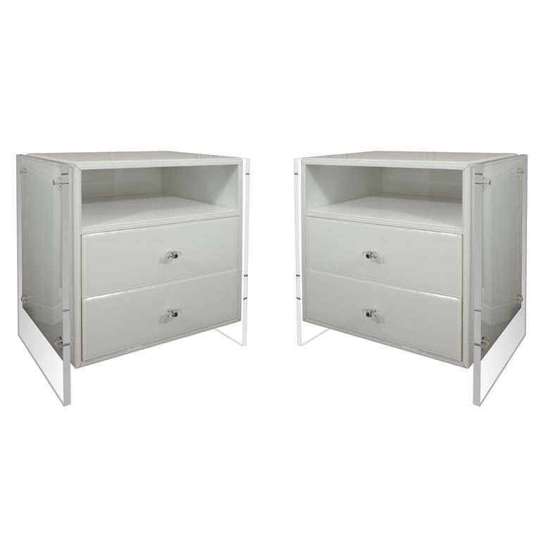 Pair of White Lacquer, Lucite and Glass Nightstands by Cain Modern For