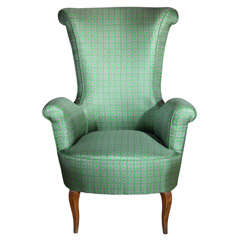Scrollback Club Chair Upholstered in Green & Grey Silk