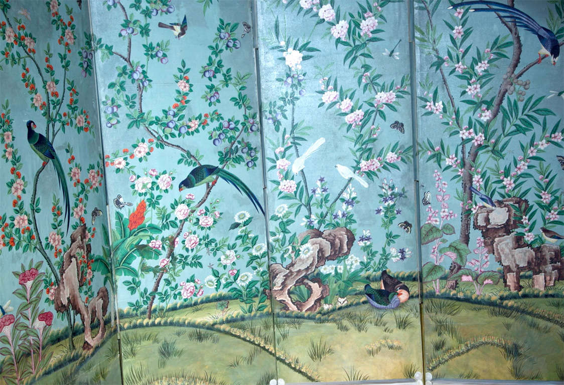 Antique Chinese Six Panel Standing Screen with handpainted wallpaper panels. Probably 19th century. Mounted later in the style of Elsie de wolfe as screen. Charming Chippendale influence style.