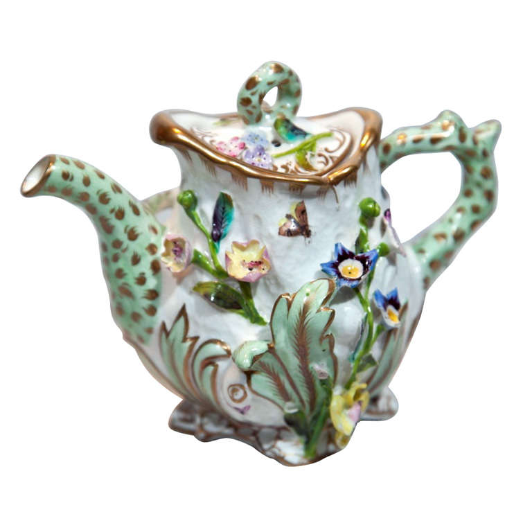 Coalbrookdale Miniature Teapot with Applied Flowers 
Insects