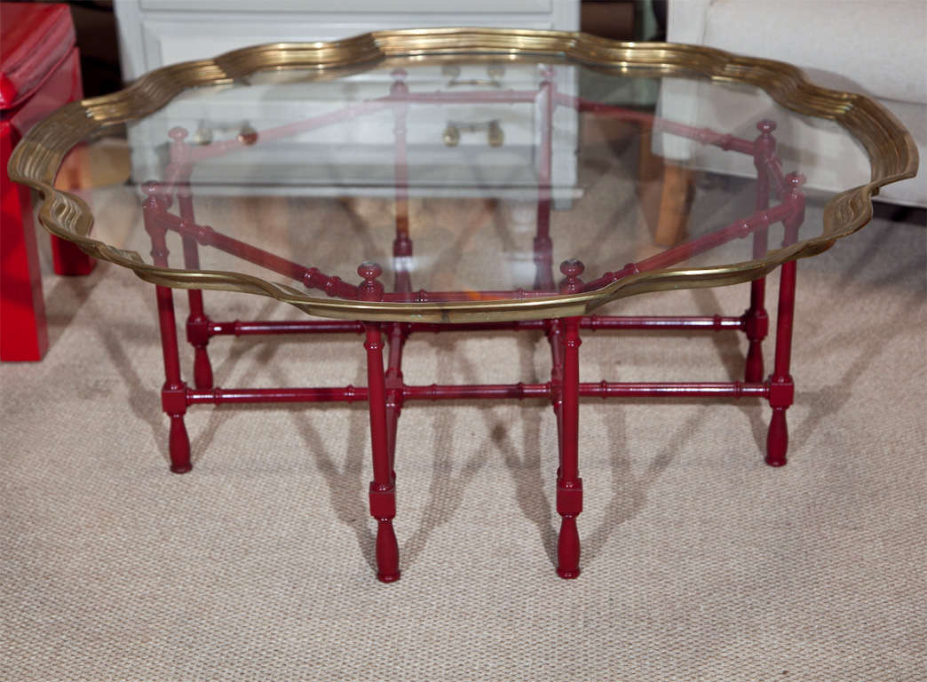 Brass and Glass Tray on Red Painted Faux Bamboo Base