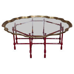 Brass and Glass Tray on Red Painted Faux Bamboo Base