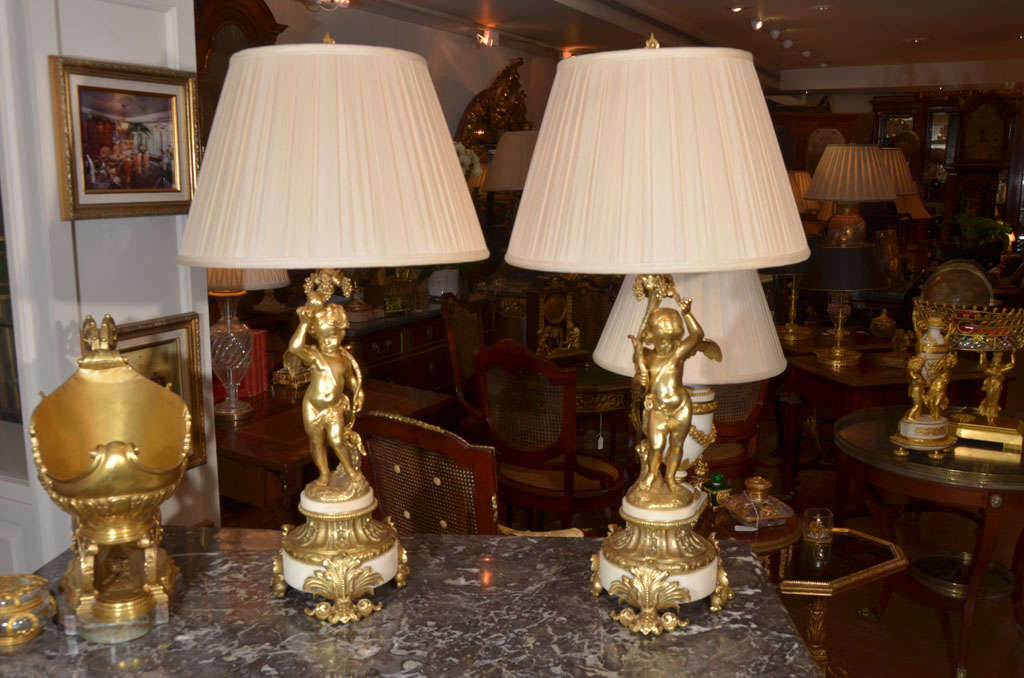 19th c bronze dore cherub lamps