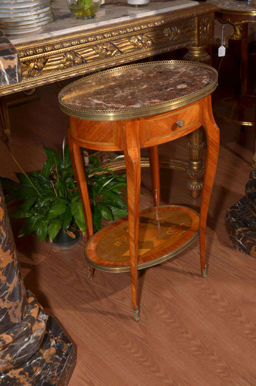 early 19th c Louis XV kingwood side table with beautiful inlayed bottom shelf and original rare 18th c marble used for King Louis XIIII