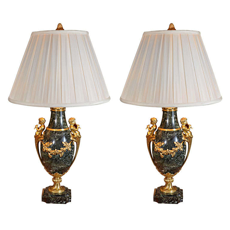 19th c French marble and bronze dore urn lamps