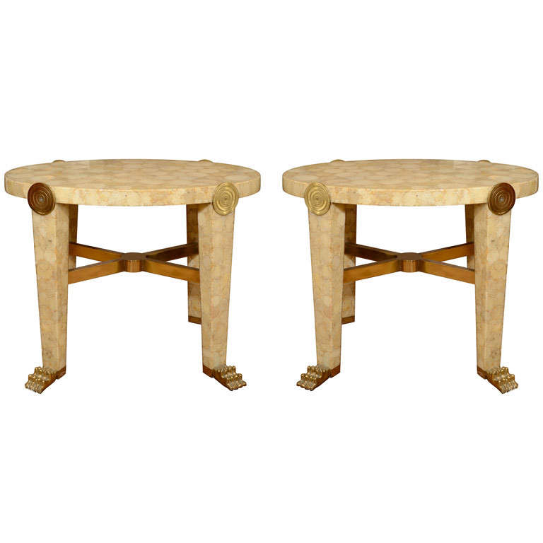 Pair of lacquered capiz shell side tables by Enrique Garcel