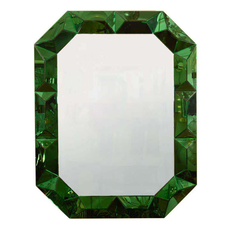 Large octagonal mirror with faceted green glass surround
