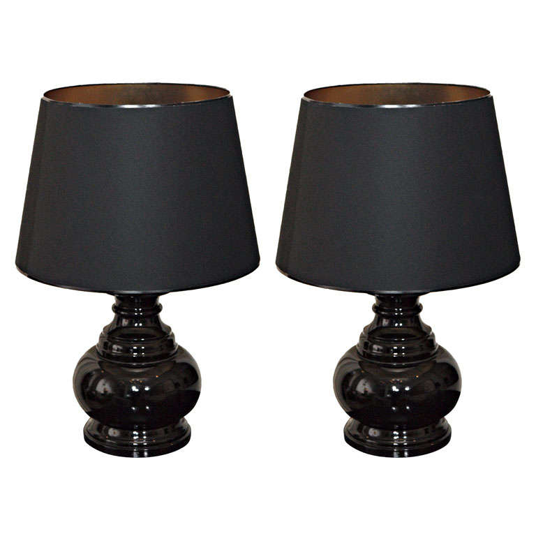  Pair Black Lacquer Table Lamps For Sale