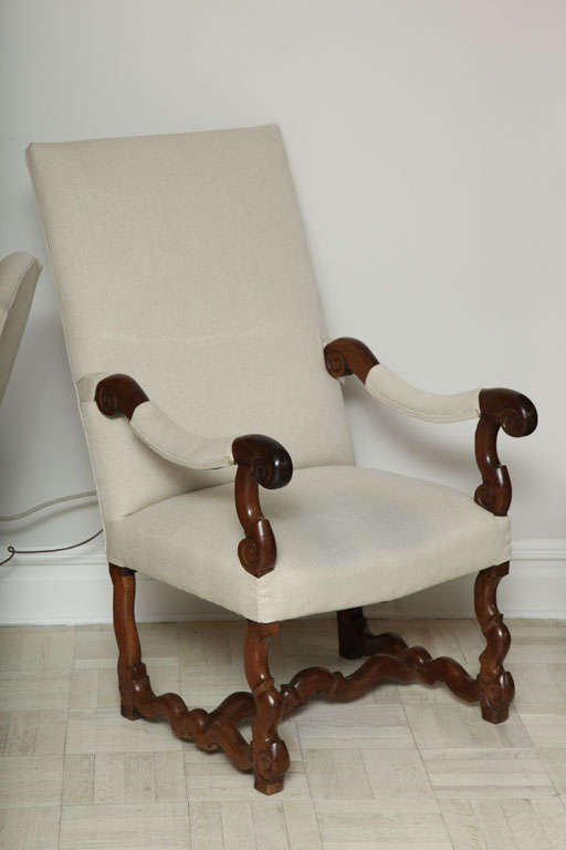 18th century walnut Languedocienne armchair upholstered in 100% Belgian linen.