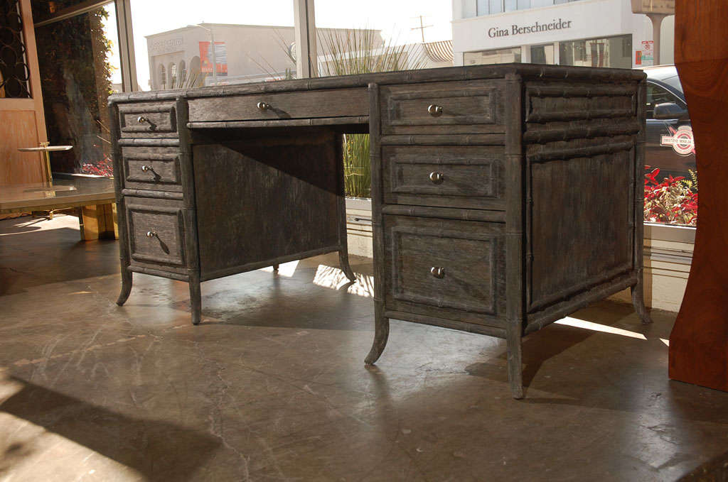 American Large Faux Bamboo Desk in Distressed Finish and Mirrored Inset For Sale
