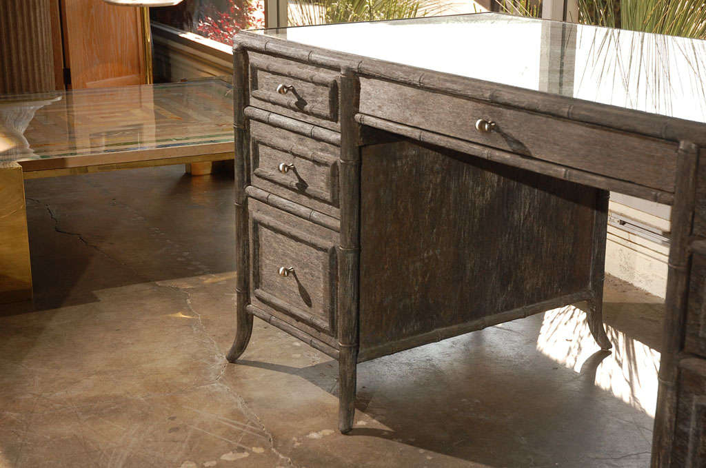 Large Faux Bamboo Desk in Distressed Finish and Mirrored Inset For Sale 3