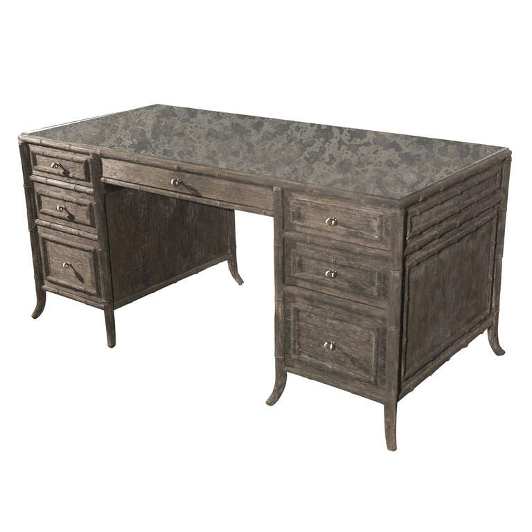 Large Faux Bamboo Desk in Distressed Finish and Mirrored Inset For Sale