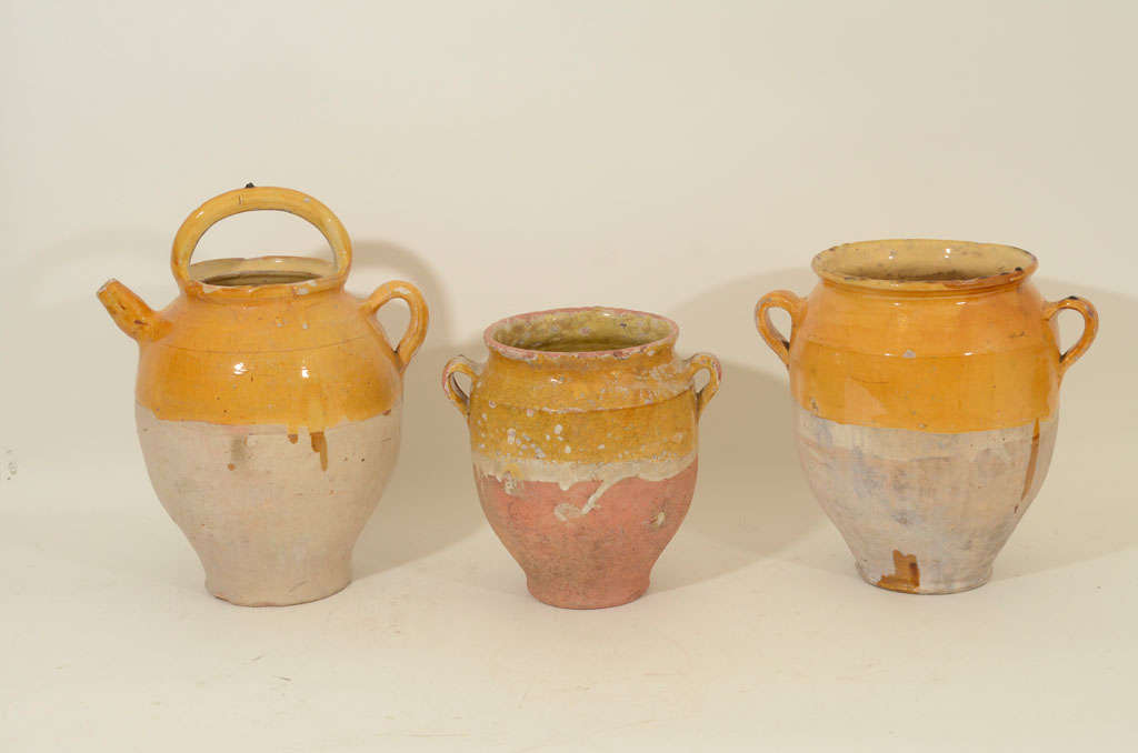 Collection 3 Vintage Mustard-Glazed Confit Jugs, France, c. 1900