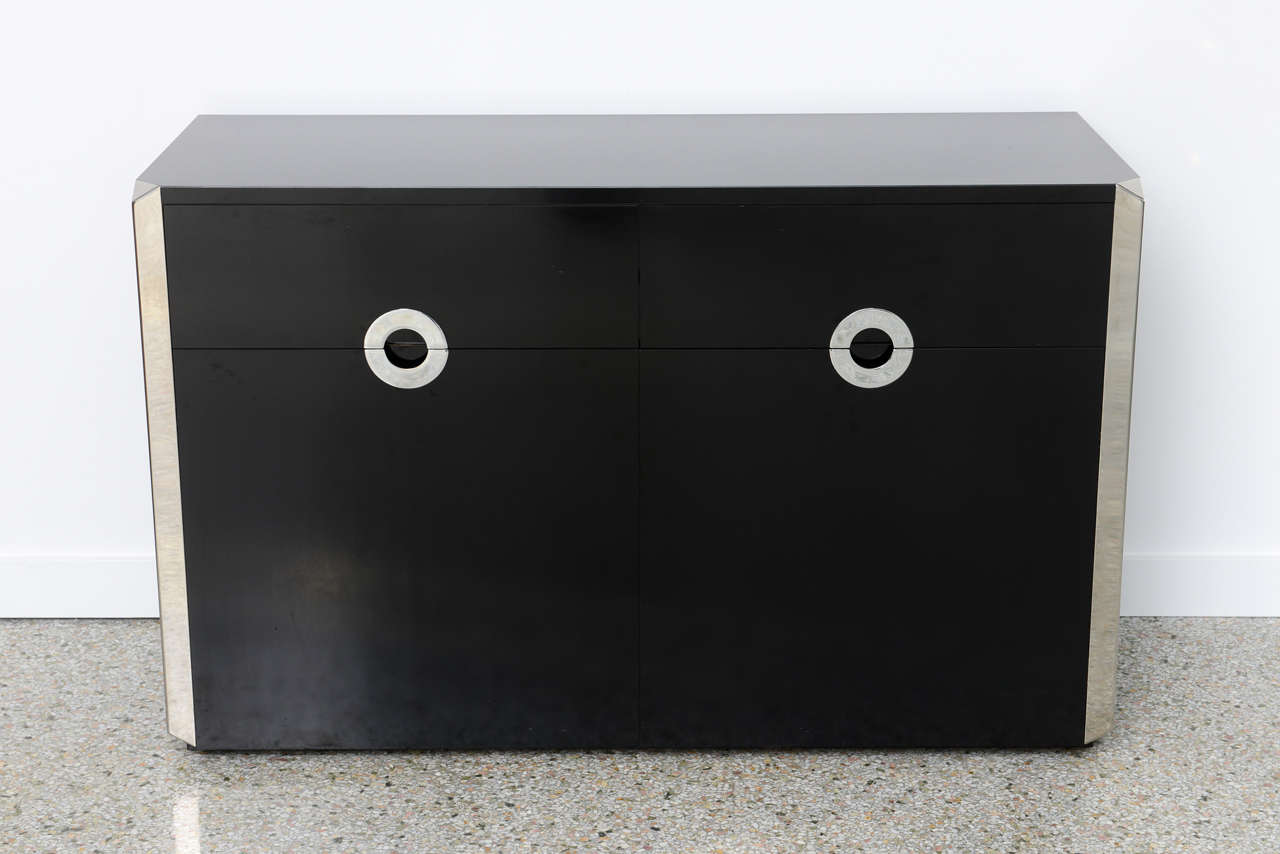 Mid-Century Modern Black Laminate Cabinet with Chrome Trim:  Willy Rizzo, 1970s
