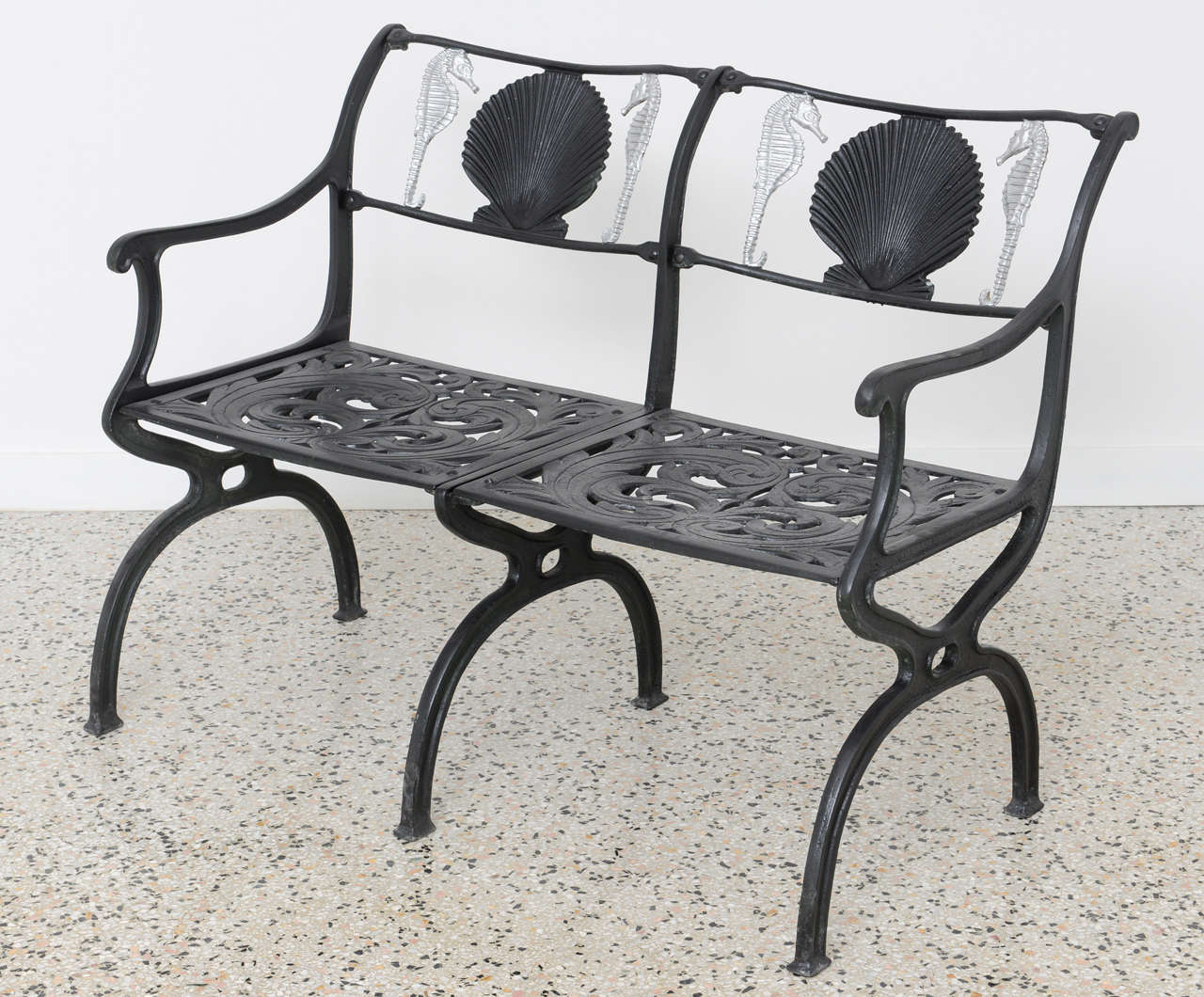 Mid-20th Century Seahorse and Shell Motif Garden Bench by Molla