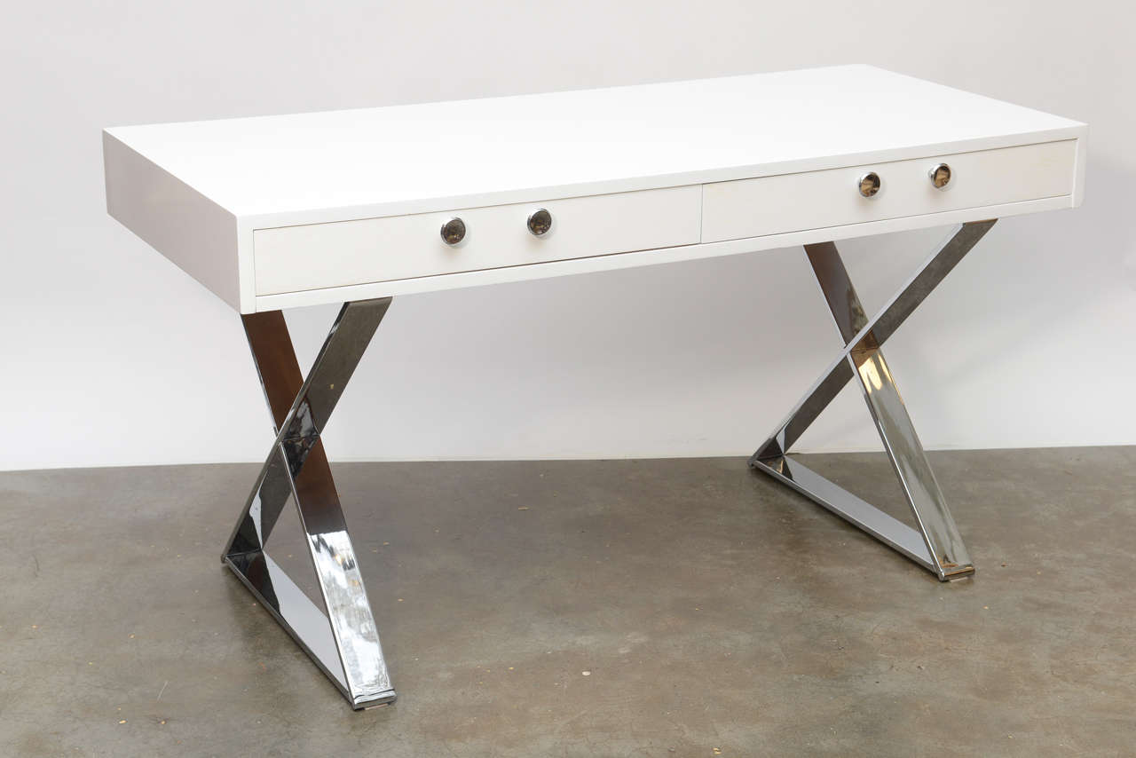 Midcentury lacquered desk with chrome X legs and chrome pulls. Two drawers.