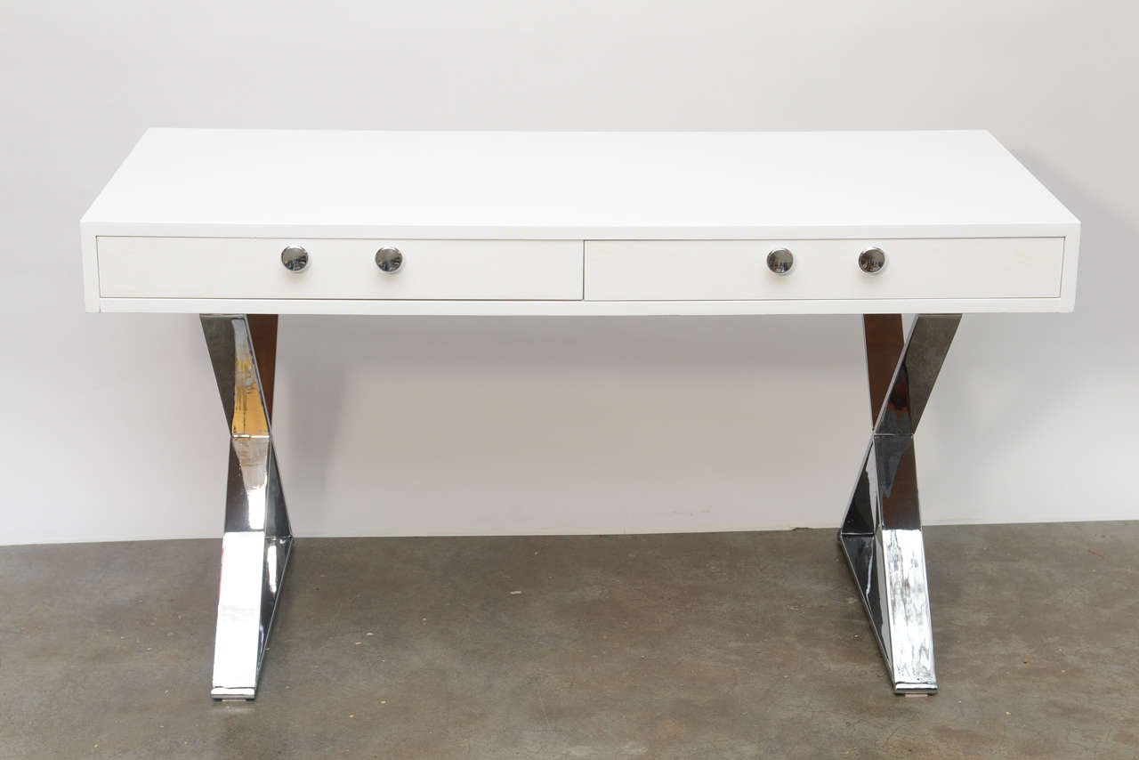 American White Lacquered and Chrome Desk For Sale