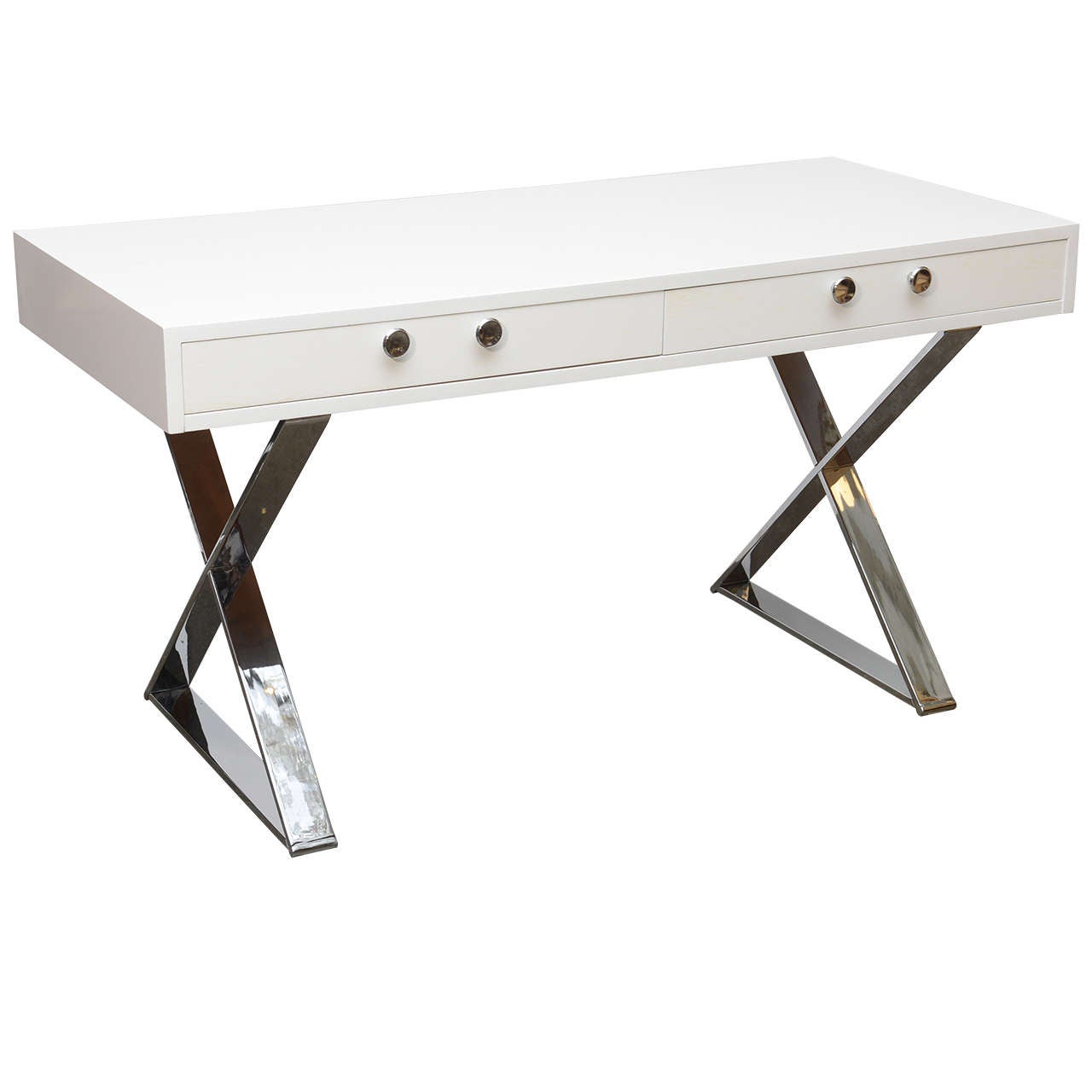 White Lacquered and Chrome Desk For Sale